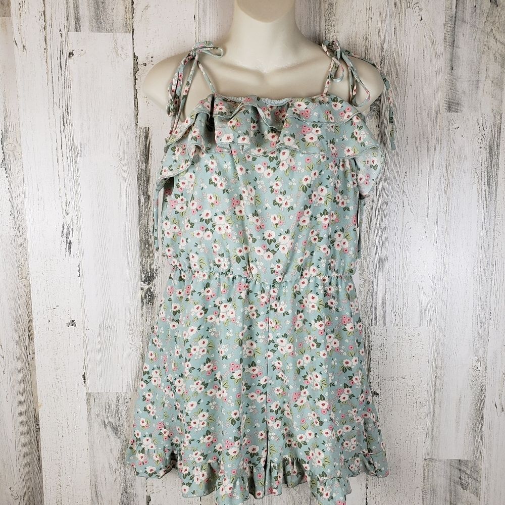 Altar'd State Sage Floral Ruffle Romper Sz M